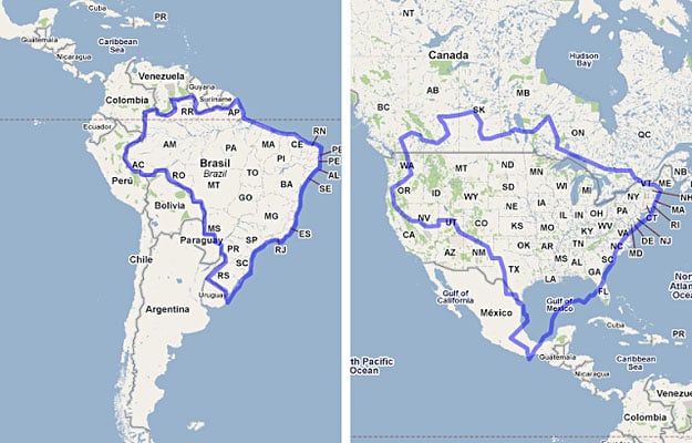 Carte comparant la taille de pays d’Amérique du Sud à celle de pays d’Amérique du Nord