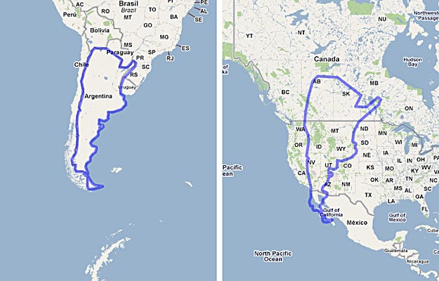 Carte comparative des superficies de pays américains