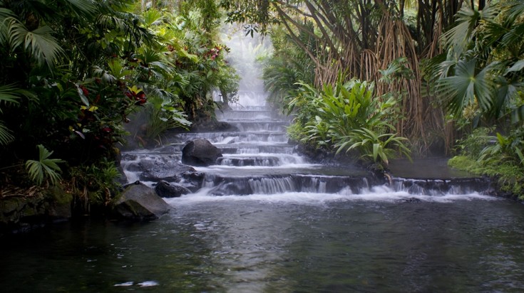 Rivière thermale en cascades au milieu de la végétation tropicale, près du volcan Arenal