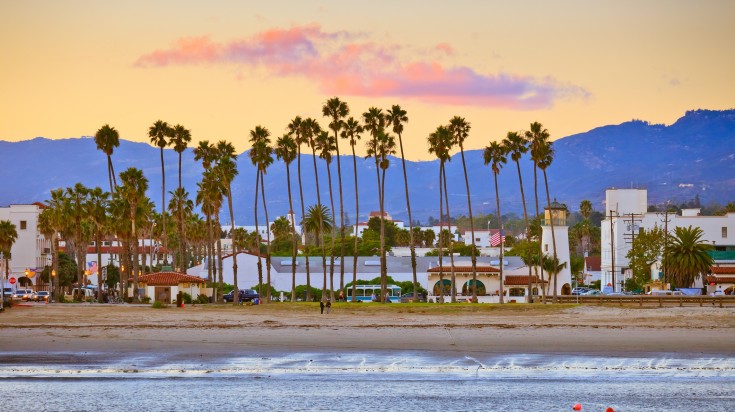 Plage bordée de palmiers sur la côte de Californie du Sud, montagnes en arrière-plan