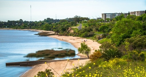 Petite plage de sable et rives verdoyantes au bord du Río de la Plata, en Uruguay
